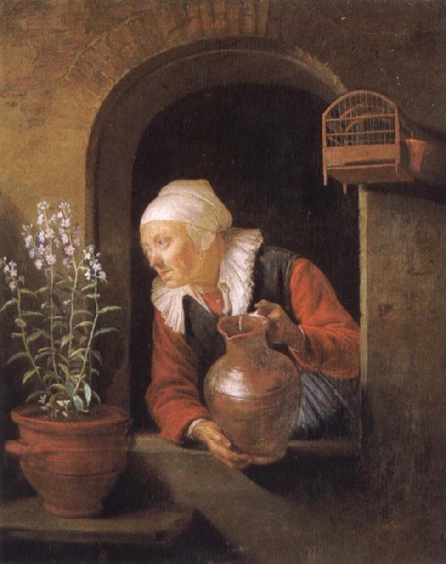Gerard Dou Old woman at her window,Watering flower Sweden oil painting art